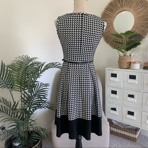 Calvin Klein Black White Houndstooth Belted Sleeveless Fit & Flare Work Dress 2 - Picture 5 of 12